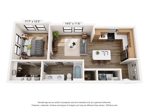Floor plan for 1 bed, 1 bath, 686 sqft